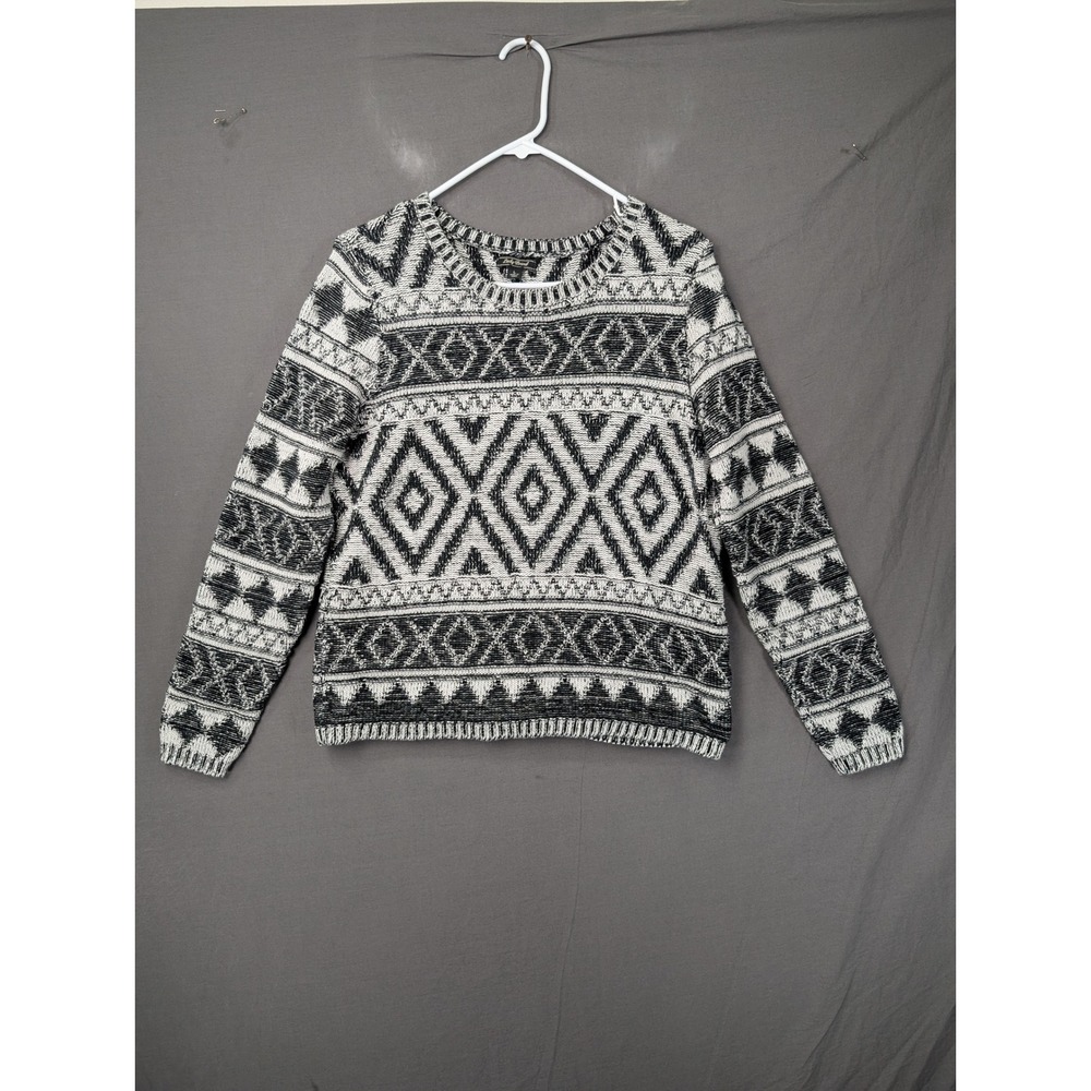 Lucky Brand Womens Geometric Fair Isle Pullover Sweater Black White Size L
